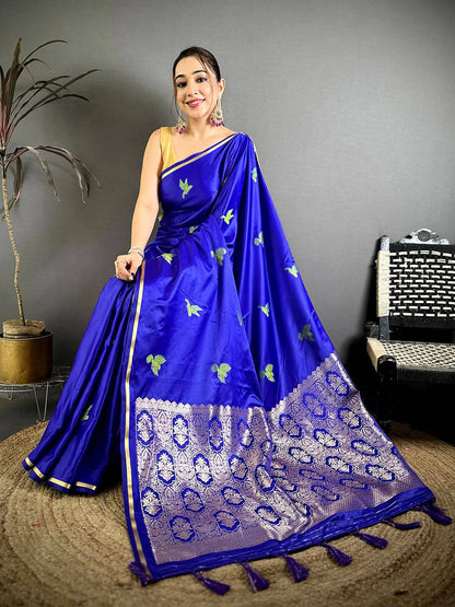 Soft Cherry Satin Minakari Bird Zari Pattu Saree