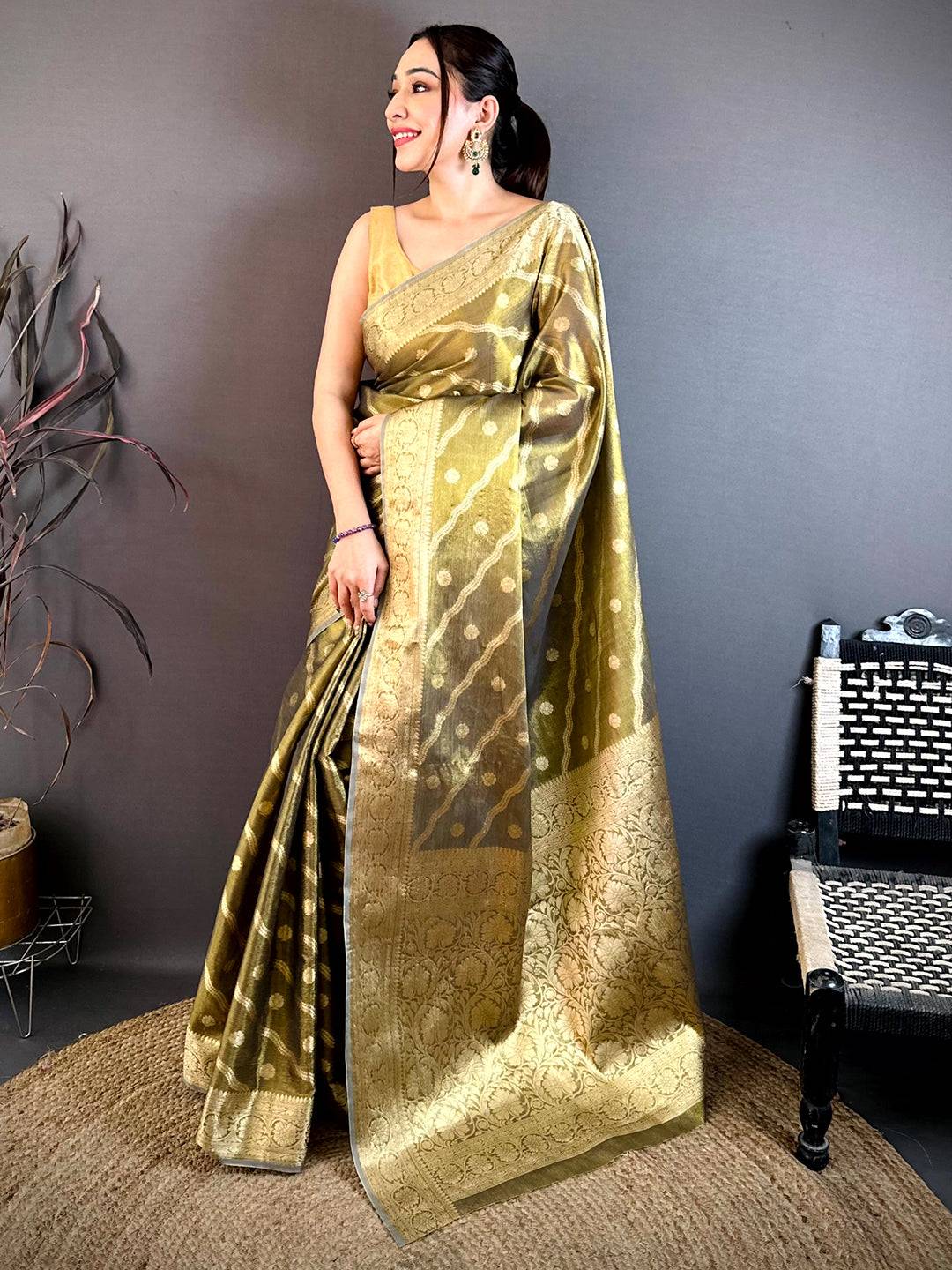 Olive Glass Crush Tissue Leheriya Pattu Saree