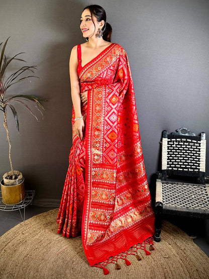Stylish Red Soft Silk Patola Weaving Pattu Saree