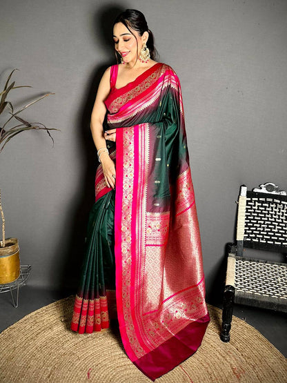 Gold Zari Woven Bottle Green Soft Silk Pattu Saree