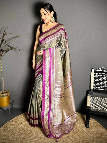 Gold Zari Woven Grey Soft Silk Pattu Saree