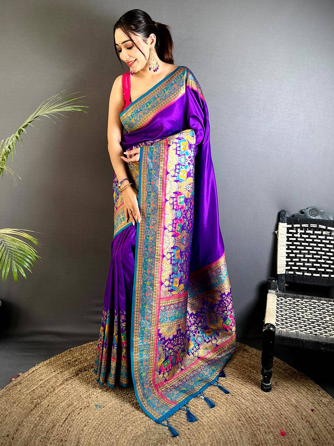 Purple Kashmiri Art Soft Silk Pattu Saree