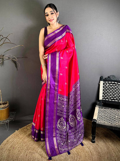 Rani Pink Soft Dola Block Print Pallu Pattu Saree