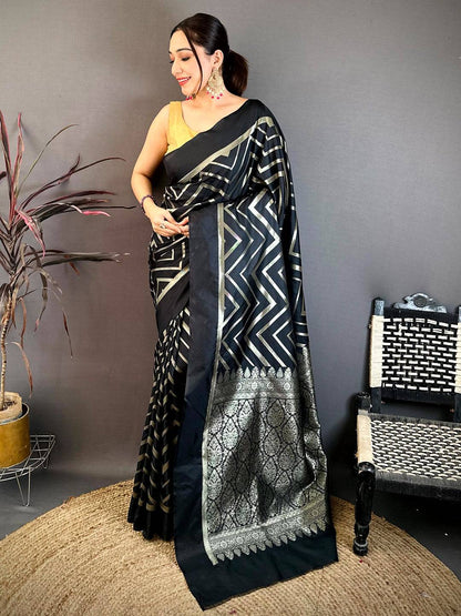 Black Geometric Zari Weave Banarasi Pattu Saree