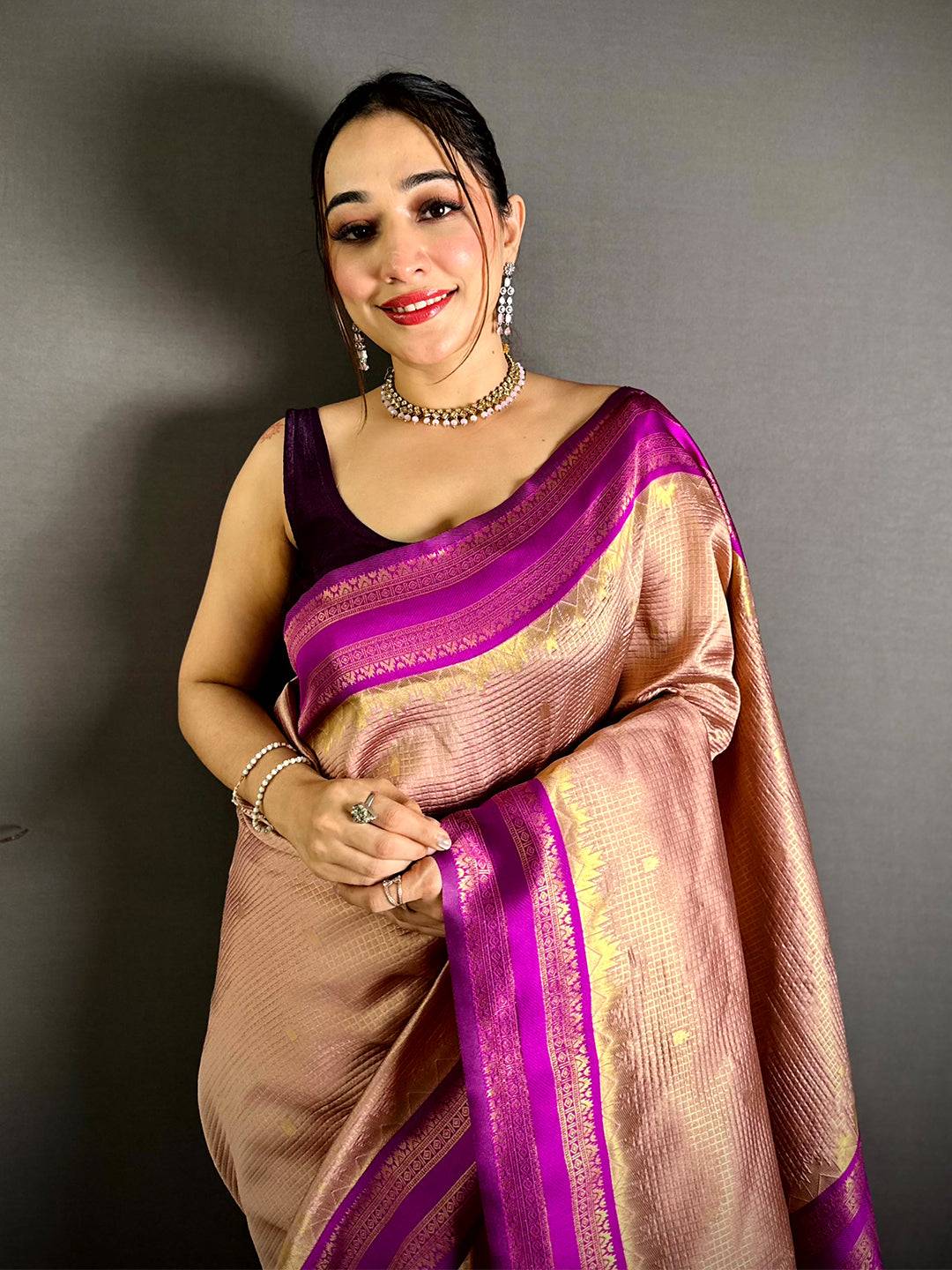 Peach Banarasi Katan Silk Gadwal Zari Pattu Saree