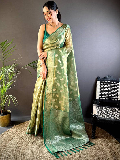 Serene Forest Green Kora Tissue Pattu Saree