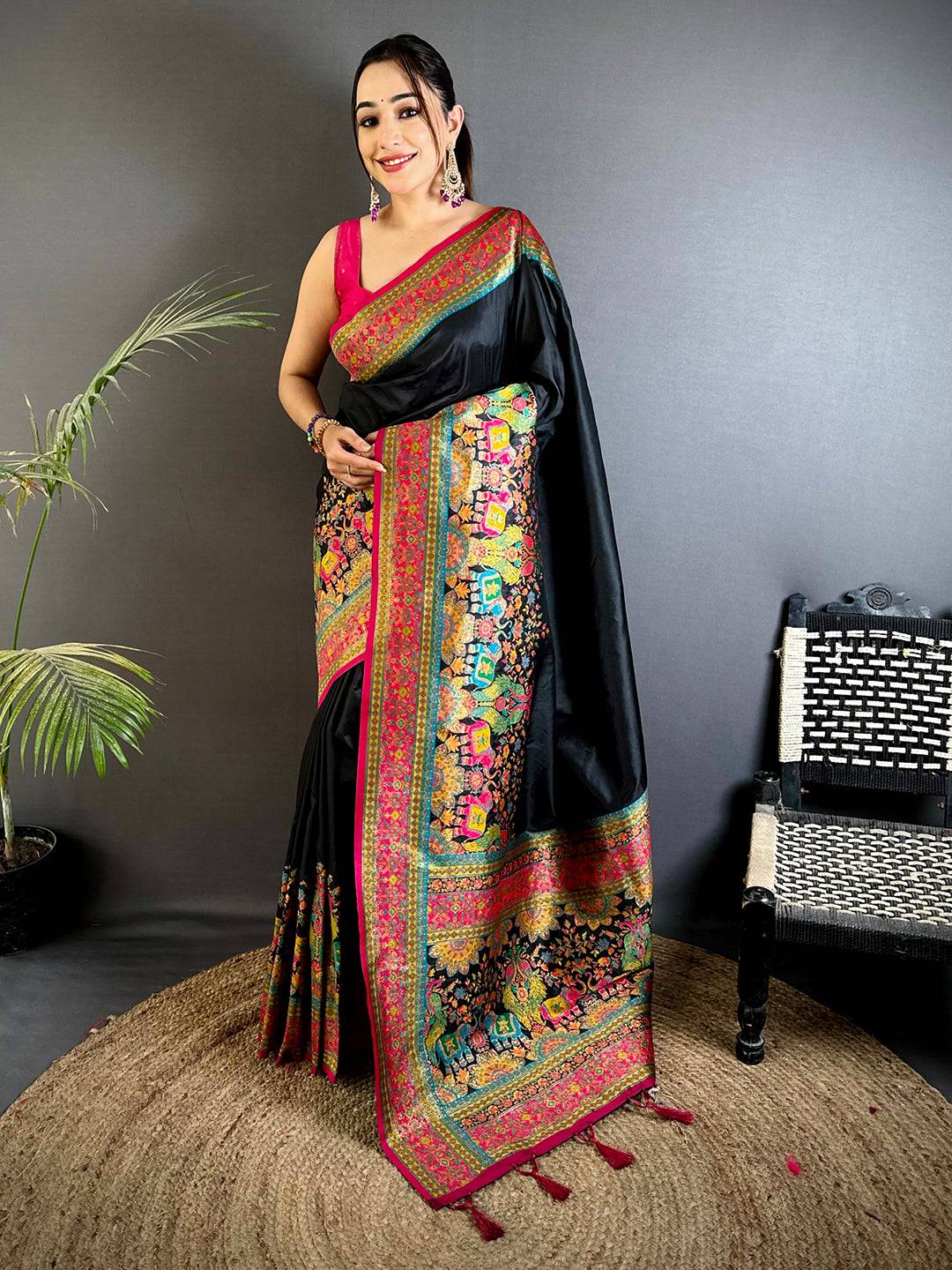 Black Kashmiri Art Soft Silk Pattu Saree