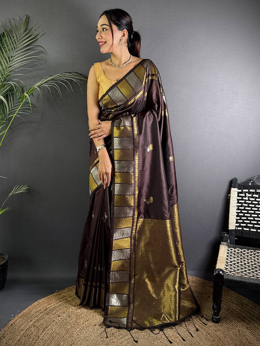 Brown Soft Silk Sona Chandi Butta Pattu Saree