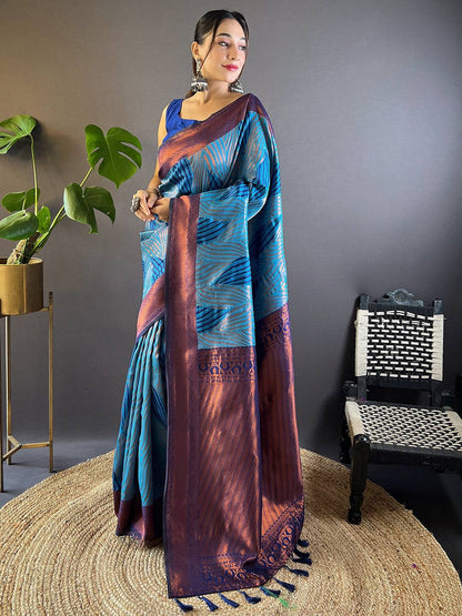 Royal Blue Tussar Silk Zari Weaving Ikkat Pattu Saree