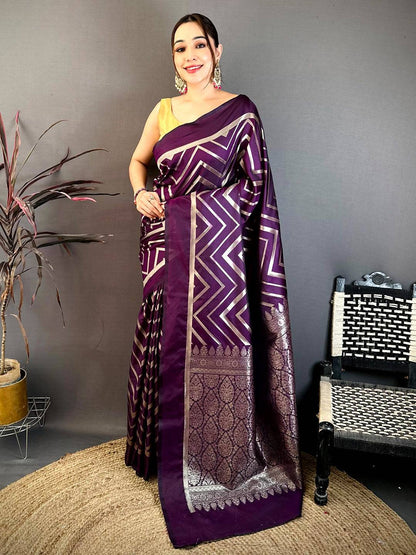 Dark Purple Geometric Zari Weave Banarasi Pattu Saree