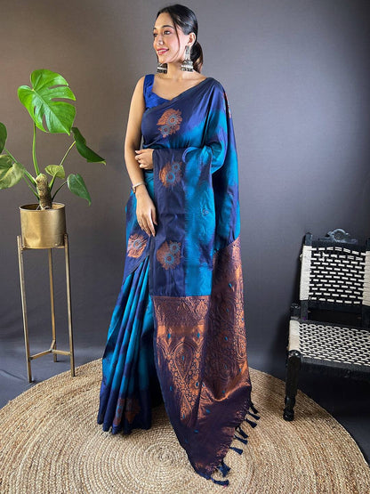 Dark Blue Tussar Silk Ikkat Weaving Pattu Saree