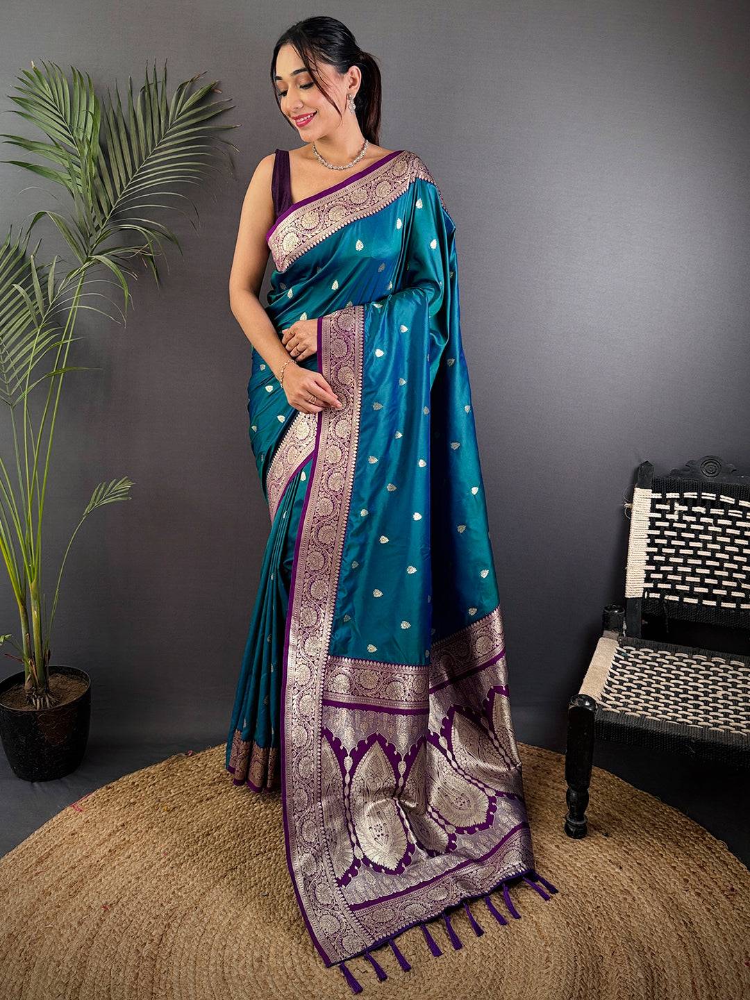 Teal Blue Soft Silk Feather Pattu Saree