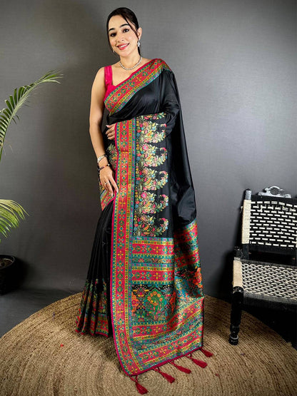 Black Kashmiri Pashmina Semi Silk Pattu Saree
