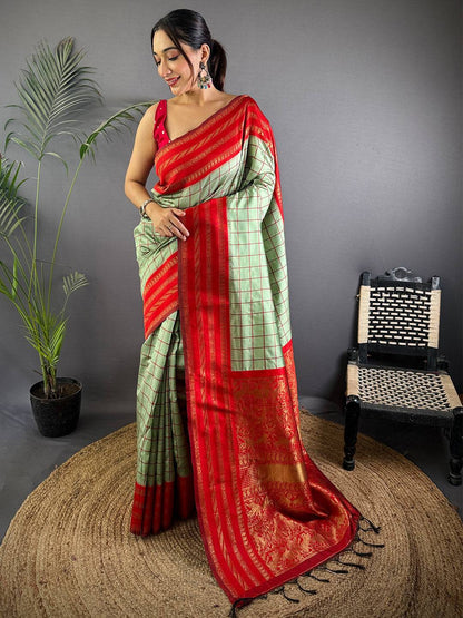Red Royale Chex Soft Katan Silk Pattu Saree