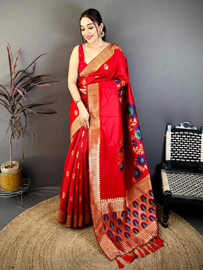 Red Banarasi Katan Silk Minakari Pattu Saree