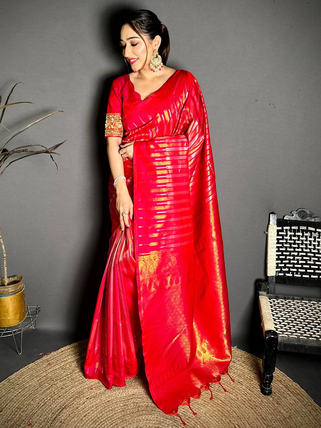 Pink Soft Silk Striped Weave Pattu Saree