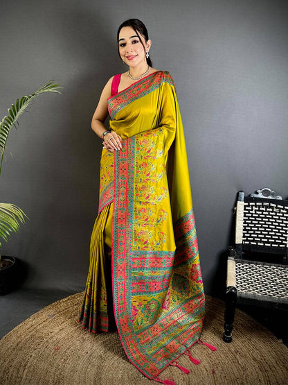 Green Kashmiri Pashmina Semi Silk Pattu Saree