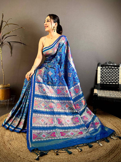 Blue Patola Weaving Semi Silk Pattu Saree