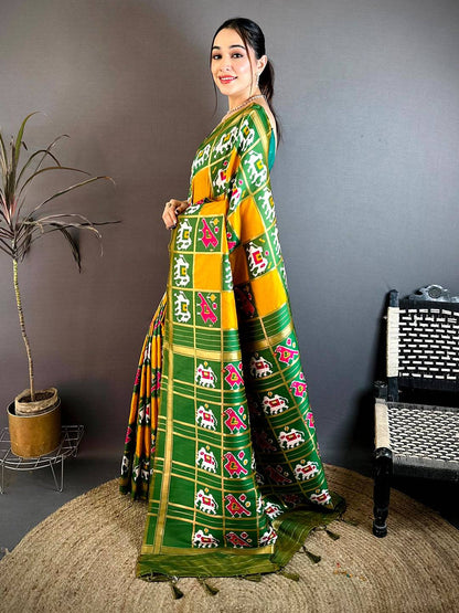 Elegant Yellow Green Ikkat Patola Silk Pattu Saree