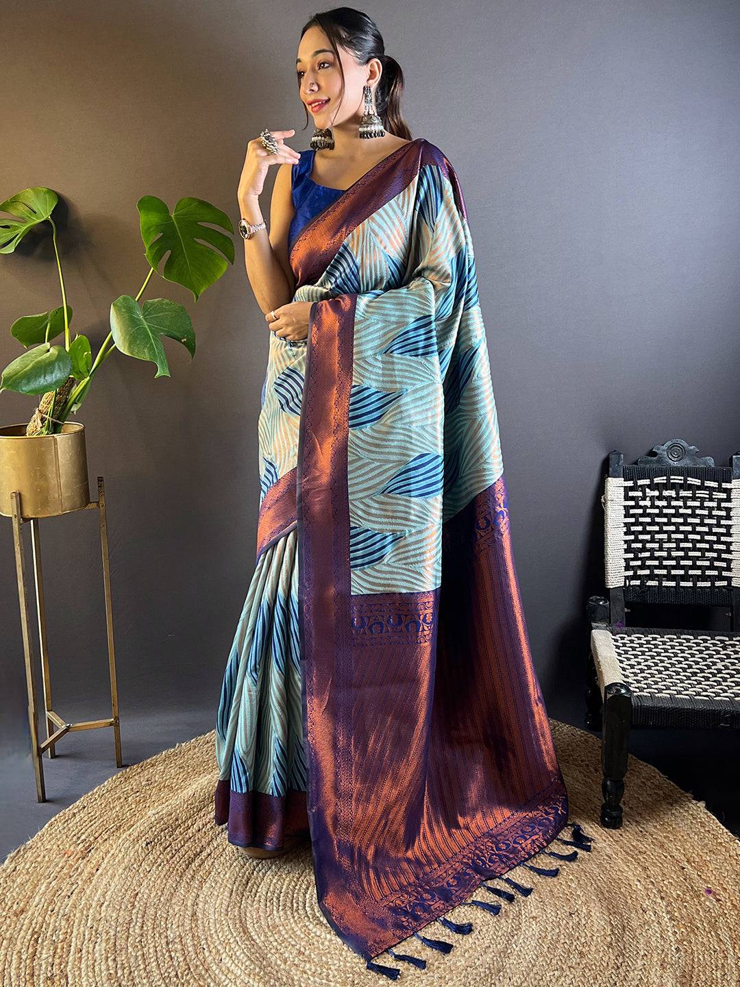 Sky Blue Tussar Silk Zari Weaving Ikkat Pattu Saree