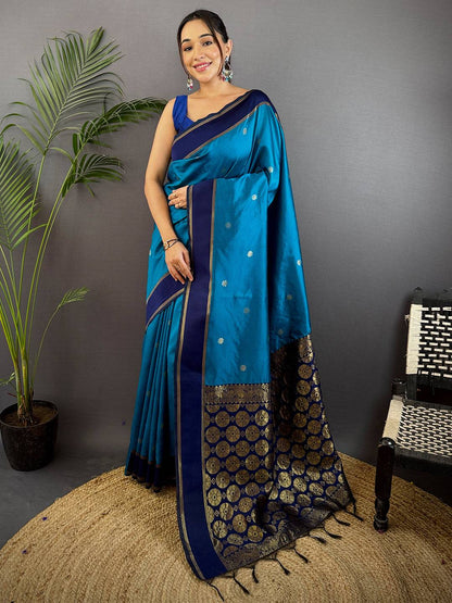 Teal Blue Silk Blend Floral Pattu Saree