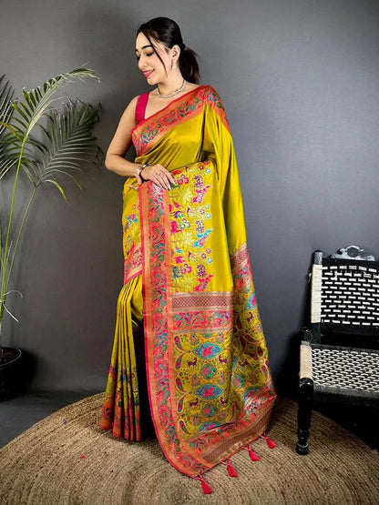 Green Soft Semi Silk Minakari Weave Pattu Saree