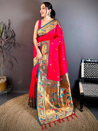 Rani Pink Minakari Tall Border Soft Silk Pattu Saree