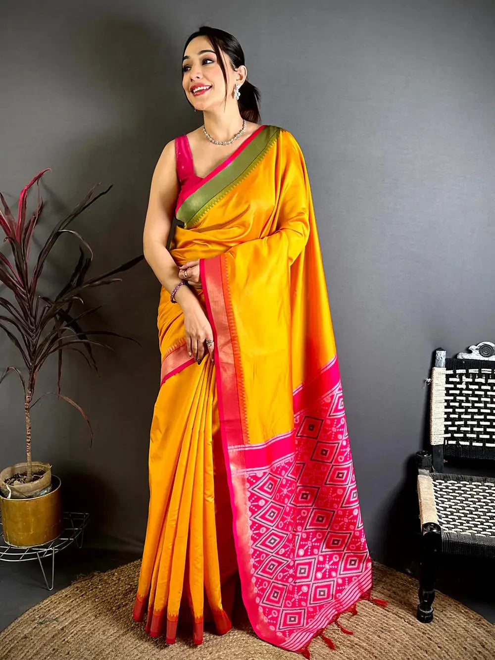 Yellow Ganga Jamuna Ikkat Katan Silk Pattu Saree