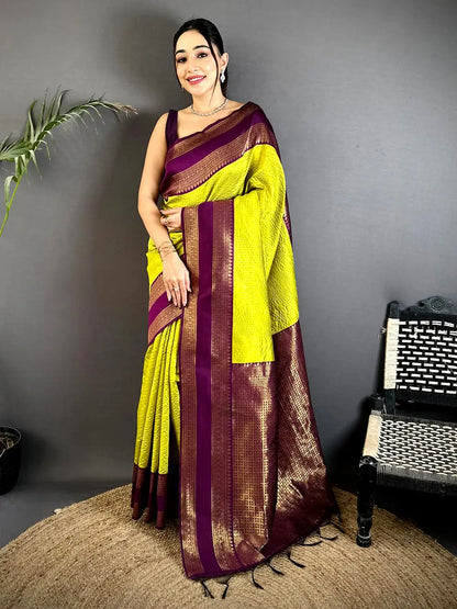 Lime Banarasi Katan Pattu Silk Saree