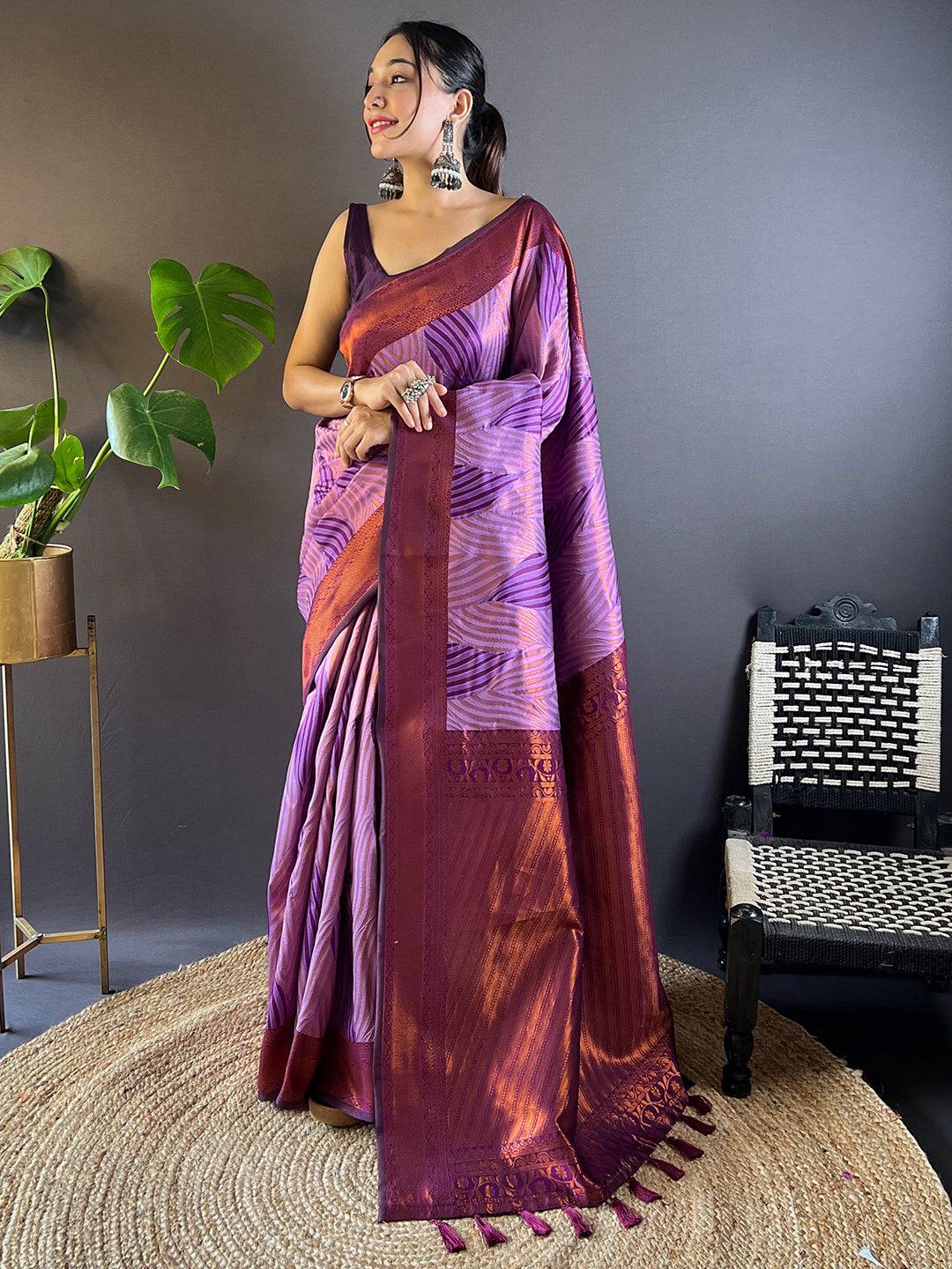 Lavender Tussar Silk Zari Weaving Ikkat Pattu Saree