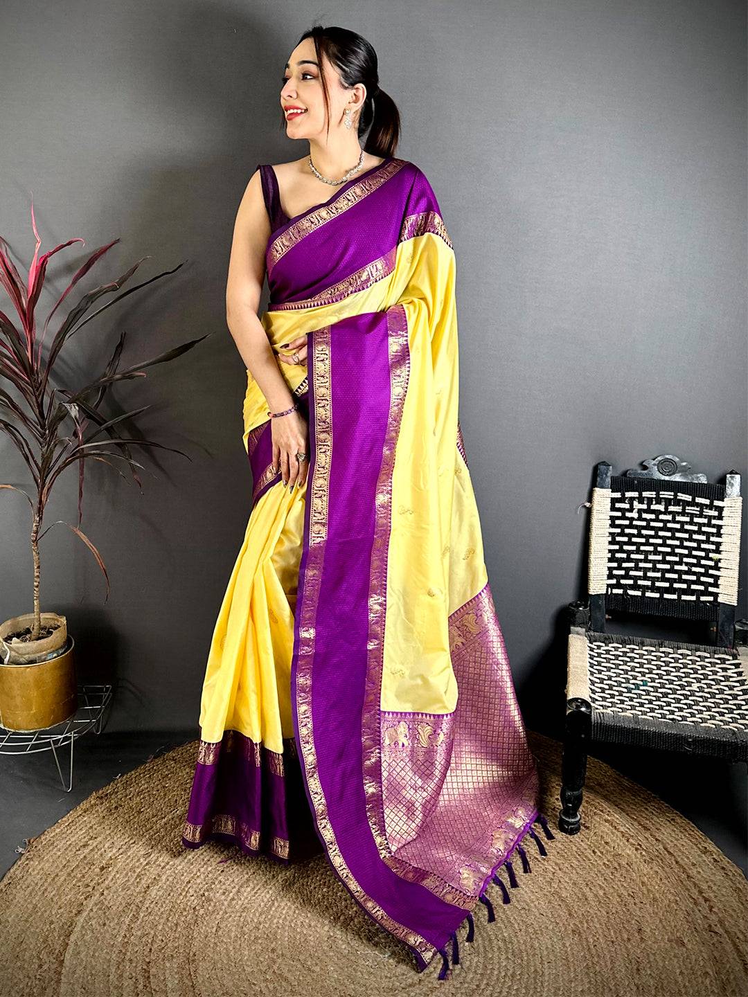 Lime Yellow Gadwal Pure Soft Silk Pattu Saree