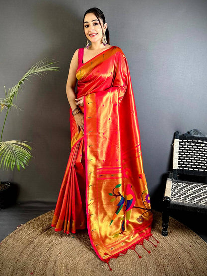 Red Glass Tissue Yevla Paithani Pattu Saree