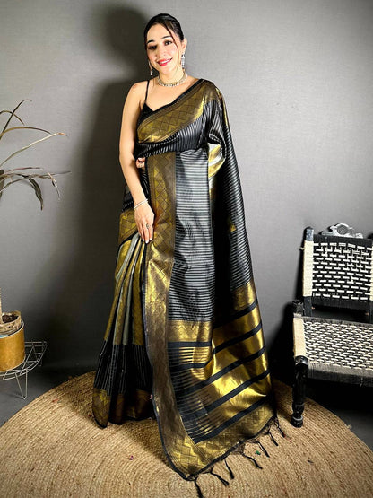 Banarasi Katan Silk Striped Zari Geometric Pattu Saree