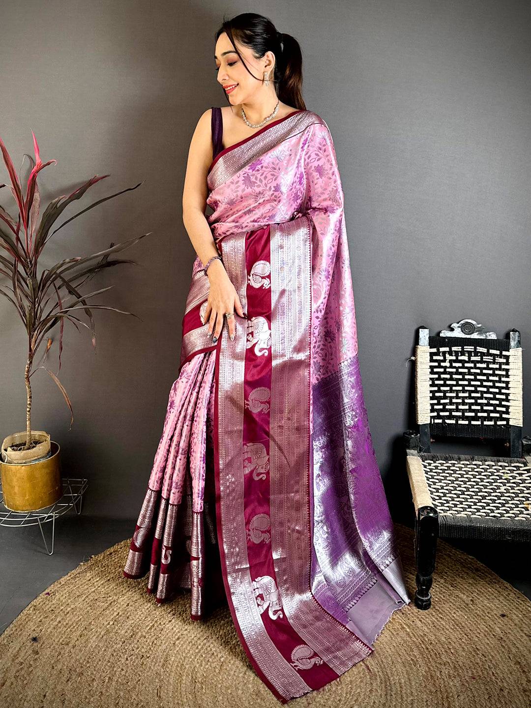 Baby Pink Dharmavaram Double Ikkat Pattu Saree