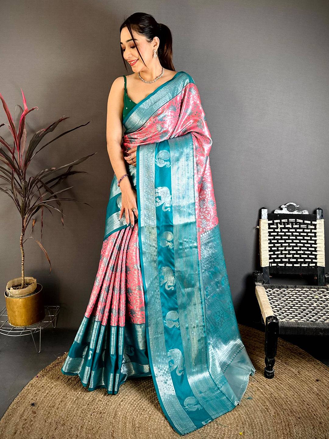 Pink Dharmavaram Double Ikkat Pattu Saree