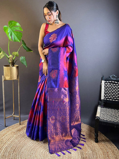 Rose Red Tussar Silk Ikkat Weaving Pattu Saree