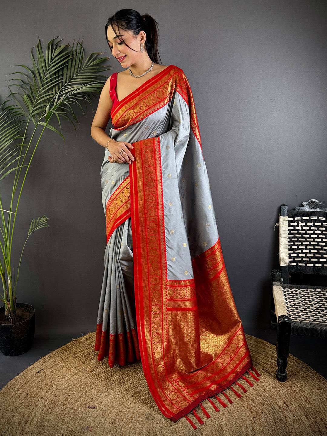 Regal Grey Gold Zari Butta Pattu Saree