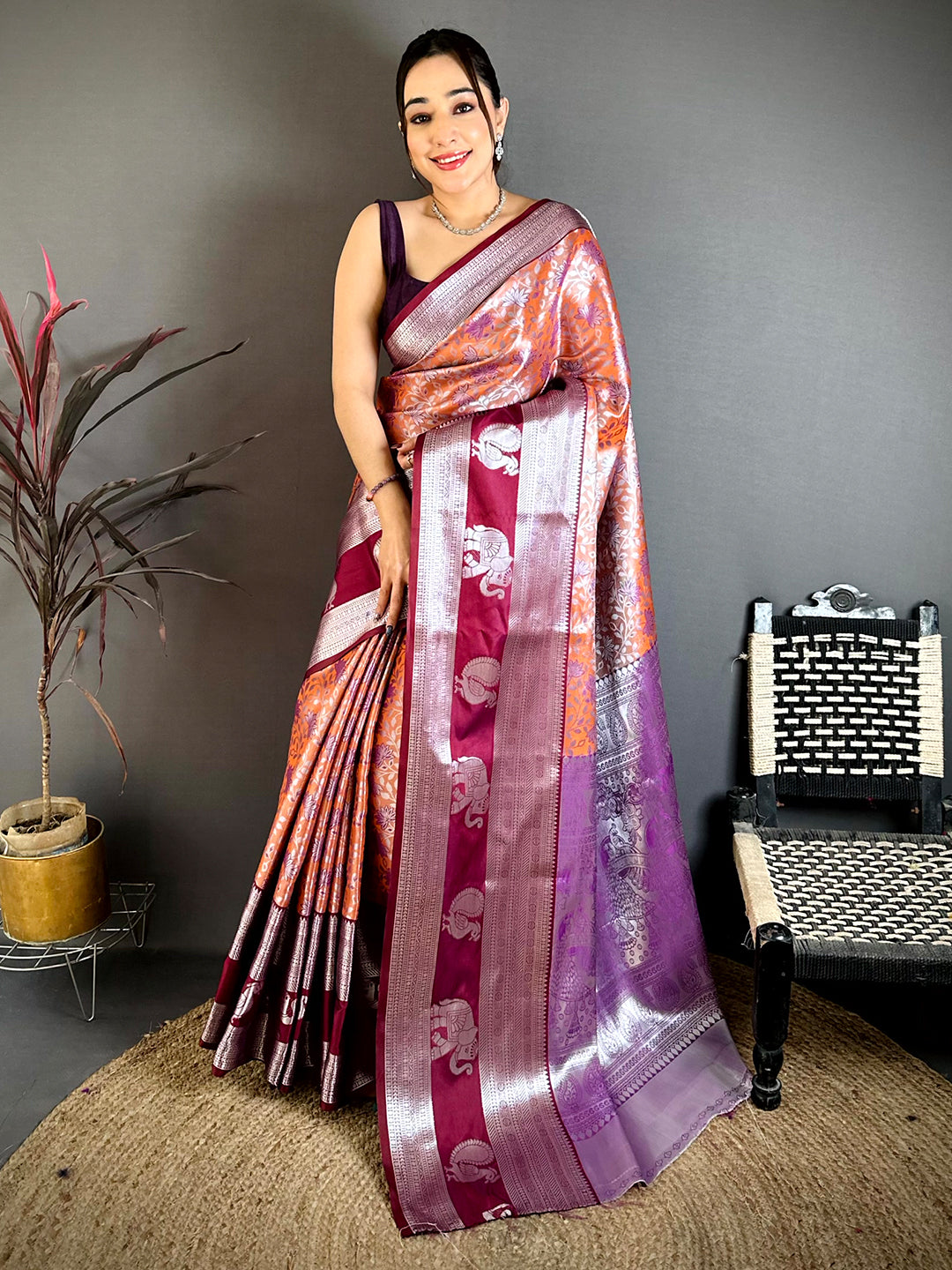 Orange Dharmavaram Double Ikkat Pattu Saree