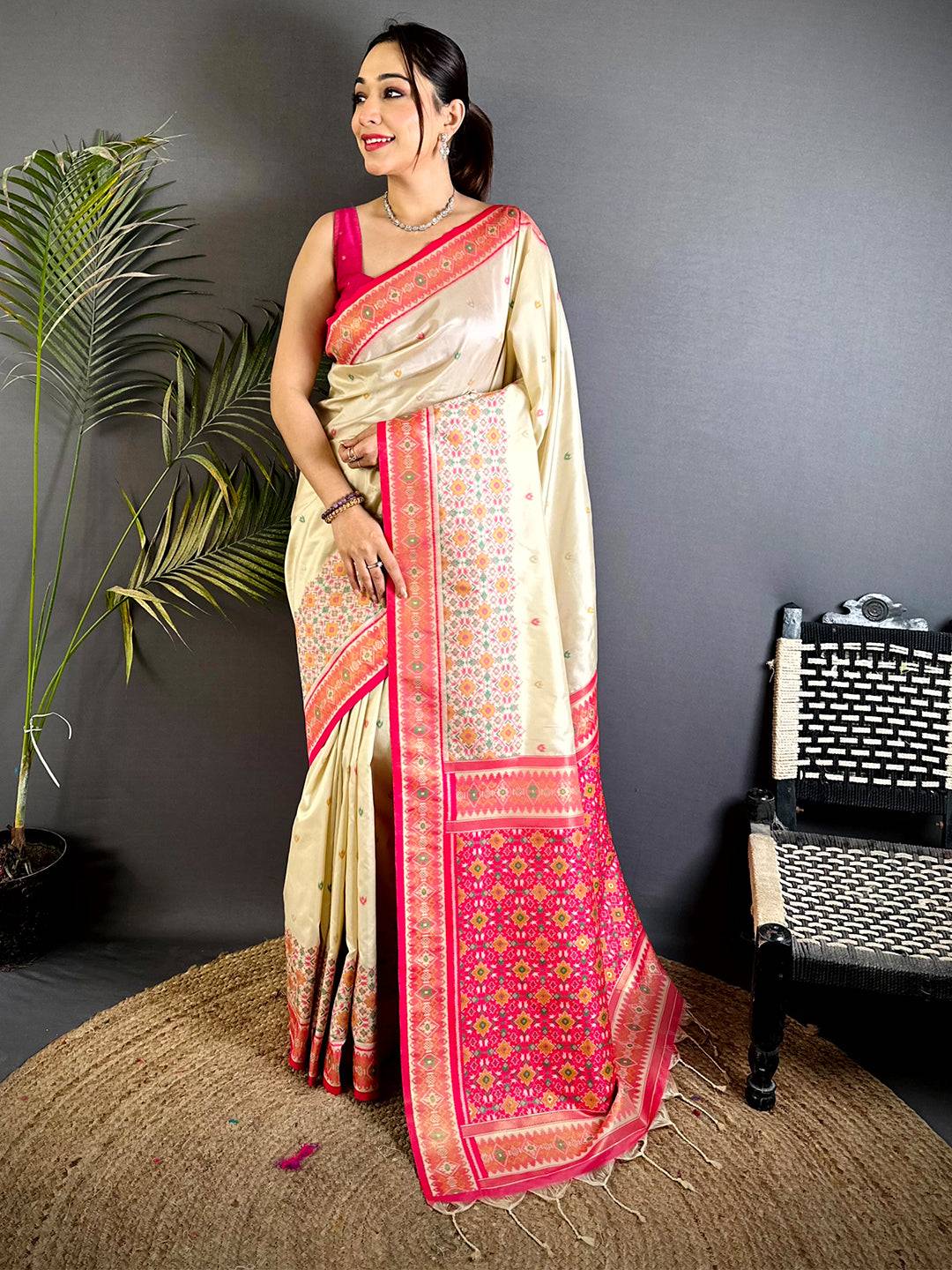 Cream Double Ikat Soft Silk Pattu Saree