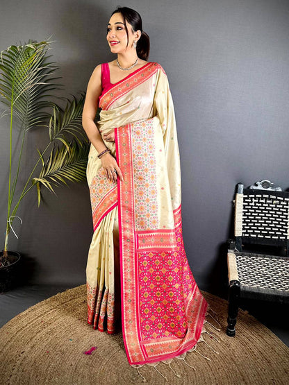 Cream Double Ikat Soft Silk Pattu Saree