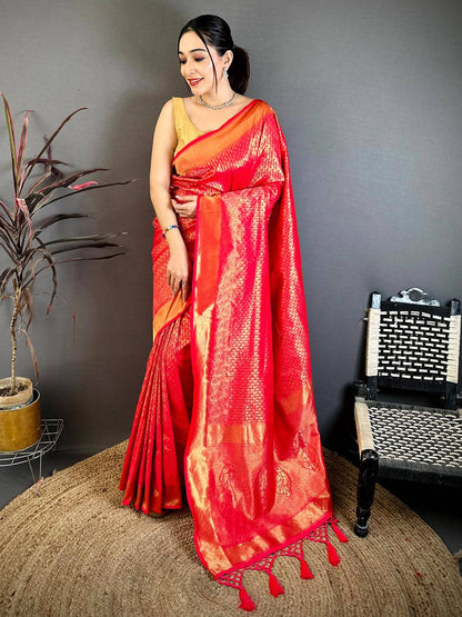 Radiant Rani Red Kanjivaram Zari Silk Pattu Saree
