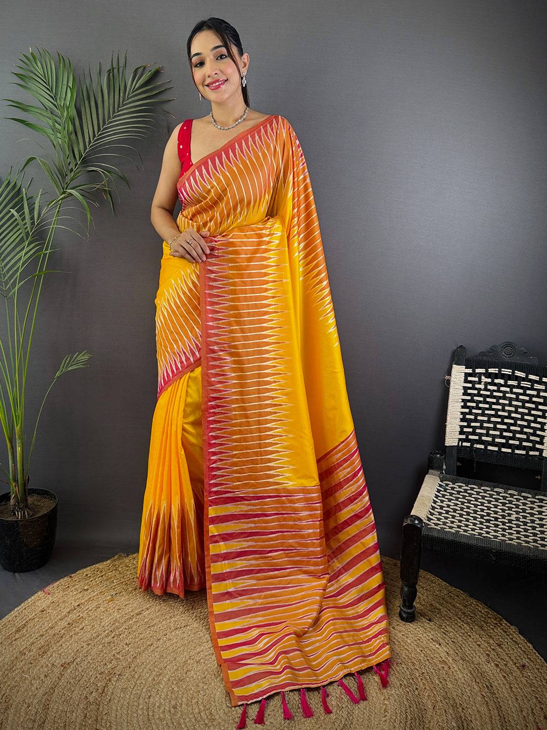 Yellow Soft Silk Ikkat Zari Weaving  Pattu Saree