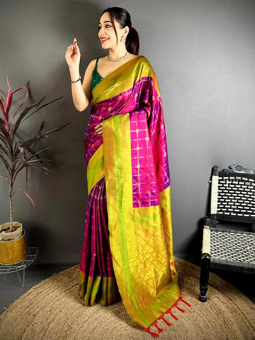 Magenta Check Weave Gadwal Pattu Saree