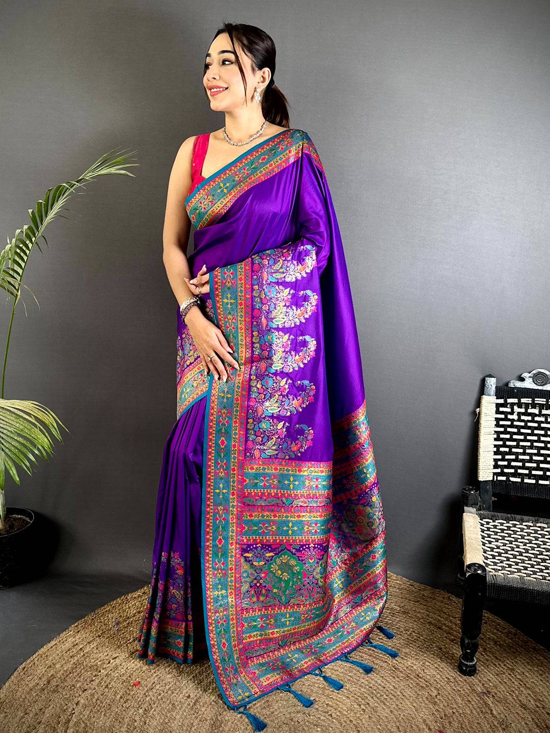 Purple Kashmiri Pashmina Semi Silk Pattu Saree