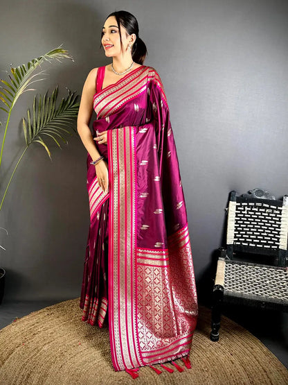 Wine Soft Silk Satin Minakari Border Pattu Saree