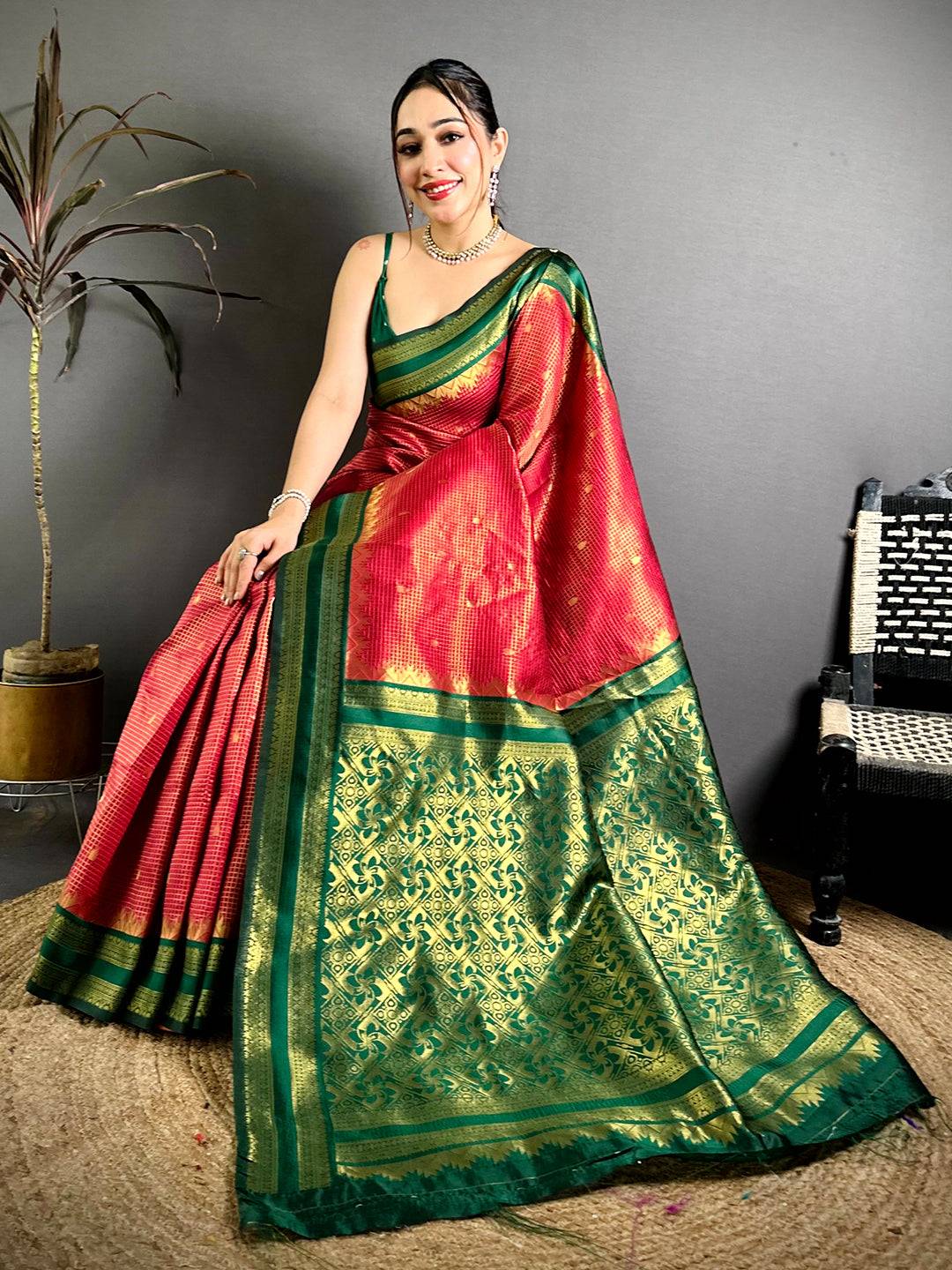 Red Banarasi Katan Silk Gadwal Zari Pattu Saree