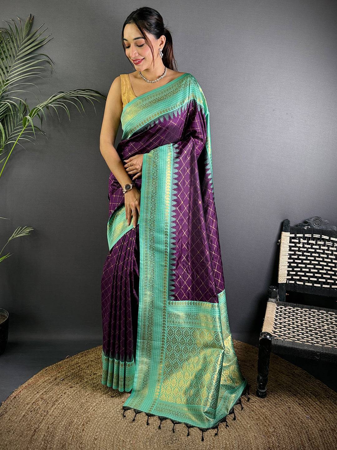 Wine Gold Zari Chex Soft Silk Pattu Saree