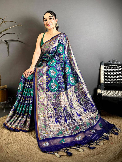 Teal Patola Weave Soft Semi Silk Pattu Saree