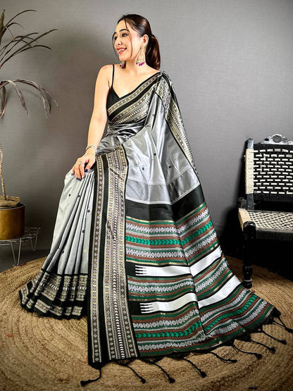Grey Soft Silk Bomkai Zari Rich Pallu Pattu Saree
