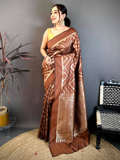 Brown Geometric Zari Weave Banarasi Pattu Saree